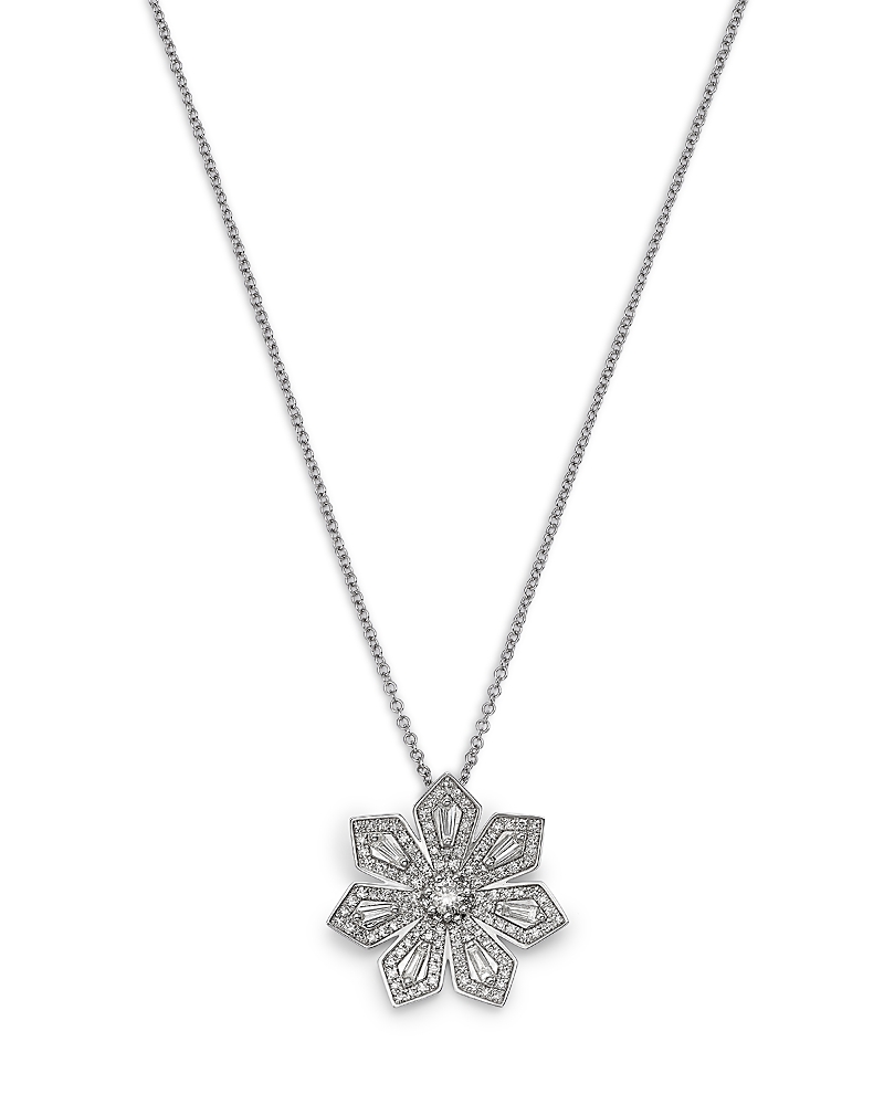 Bloomingdale's Fine Collection Diamond Round & Baguette Flower Pendant Necklace in 14K White Gold, 0.7 tcw