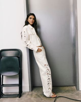 Sawyer High Rise Wide Leg Jeans in Tonal Ecru Embroidered