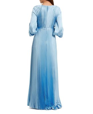  Pleated High Neck Raglan Long Sleeve Side Slit Gown