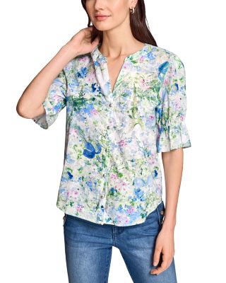 Quarter Sleeve Printed Button Down Blouse