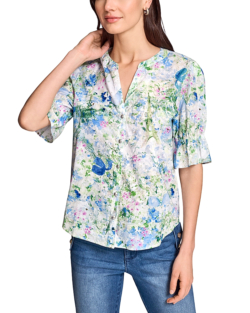 Karl Lagerfeld Paris Quarter Sleeve Printed Button Down Blouse