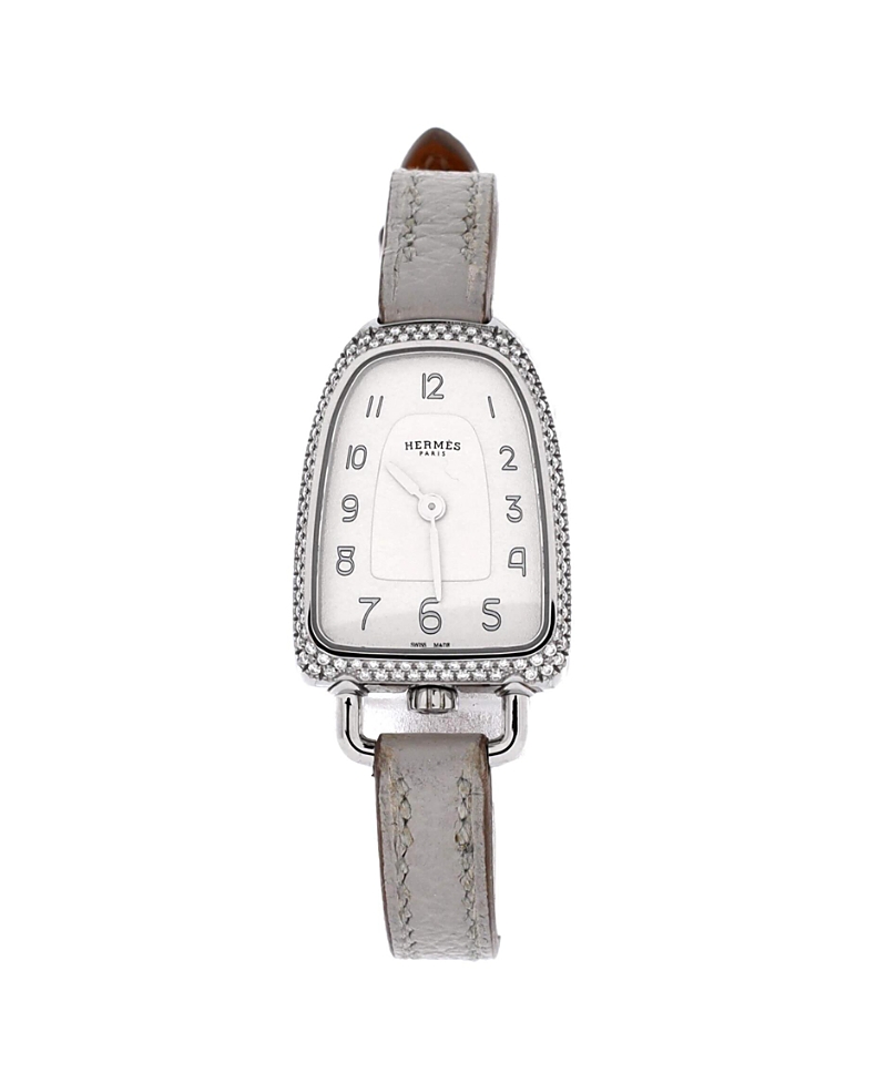 Pre-Owned HERMES Galop d'Hermes Quartz Watch in Stainless Steel and Leather with Diamond Bezel 21mm