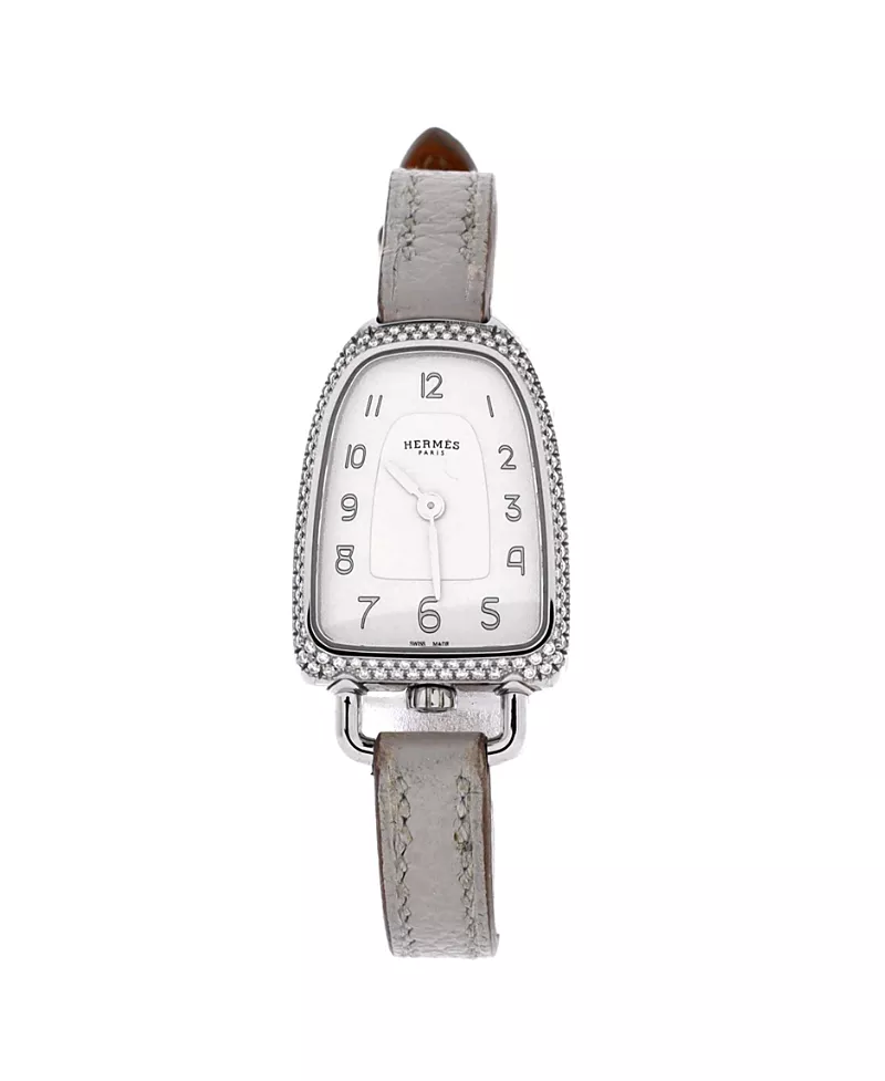 Pre-Owned HERMES Galop d'Hermes Quartz Watch in Stainless Steel and Leather with Diamond Bezel 21mm