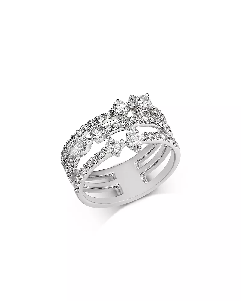 Bloomingdale's Fine Collection Diamond Mixed Cut Triple Row Ring in 18K White Gold, 0.6 tcw