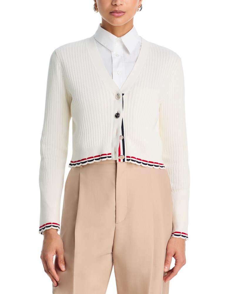 Thom Browne Pointelle Ribbed Cardigan in White