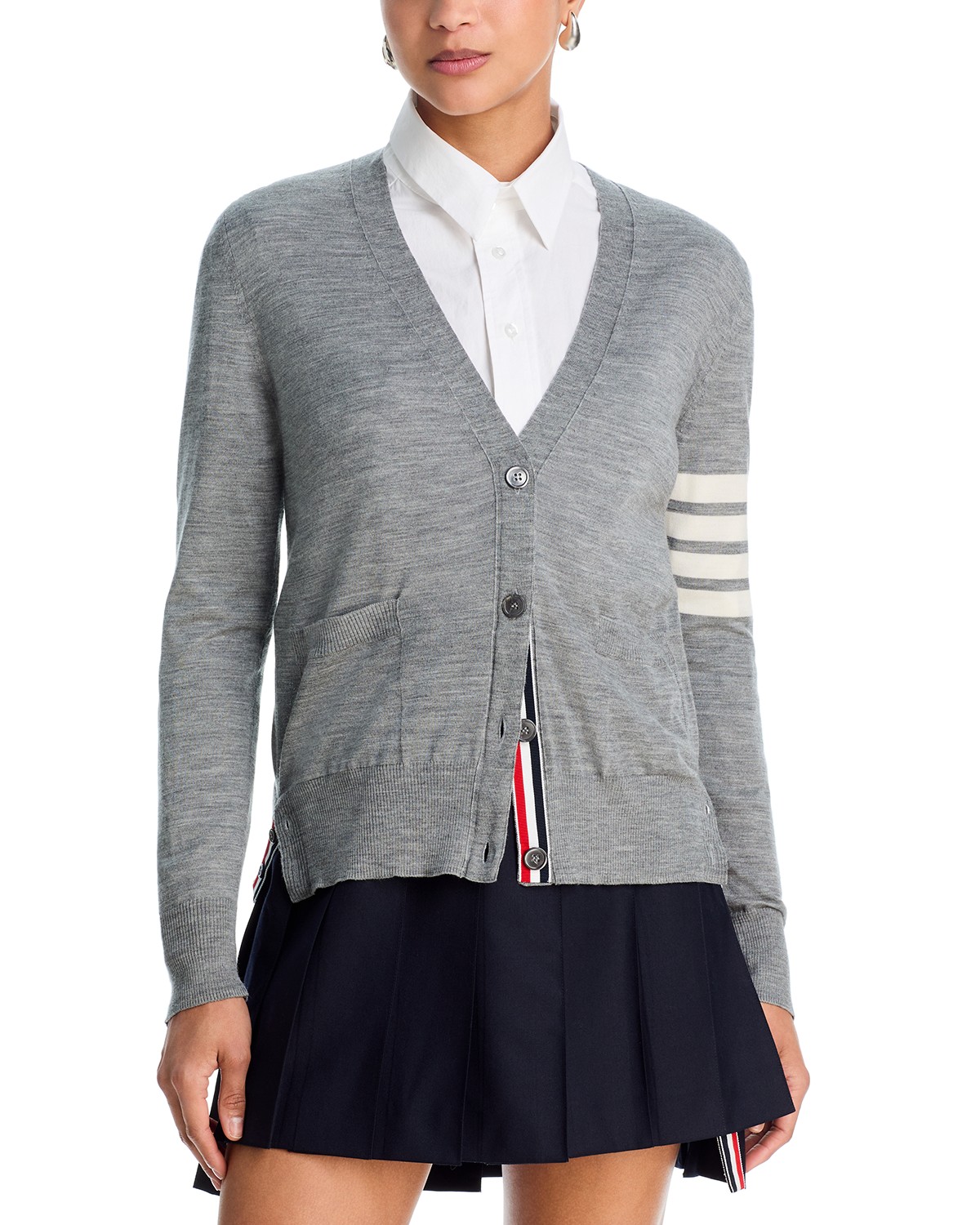 Thom Browne Relaxed Fit V Neck Wool Cardigan in Light Grey