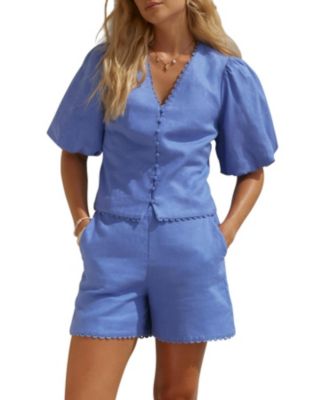  Women's Linen Puff Sleeve Top