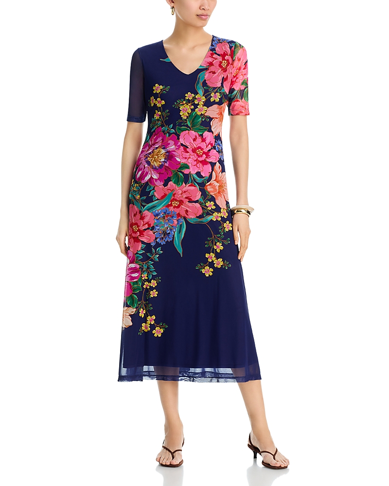 Johnny Was Elbow Sleeve V Neck Mesh Midi Dress