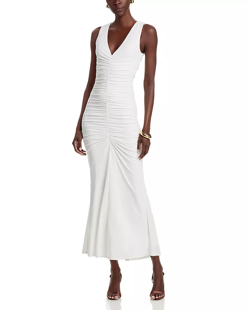 Toccin Inez V Neck Ruched Midi Dress
