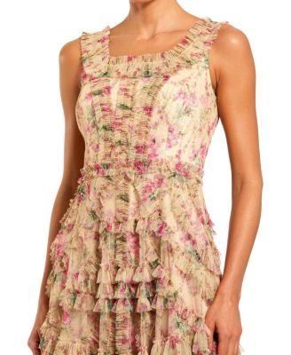  Floral Printed Sleeveless Ruffle Midi Dress