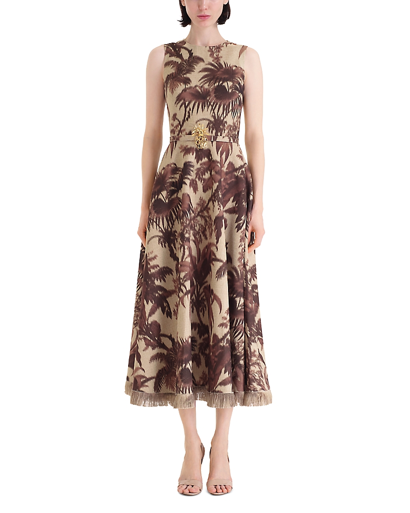 Oscar De La Renta Large Chine Palm Leaves Dress In Brown