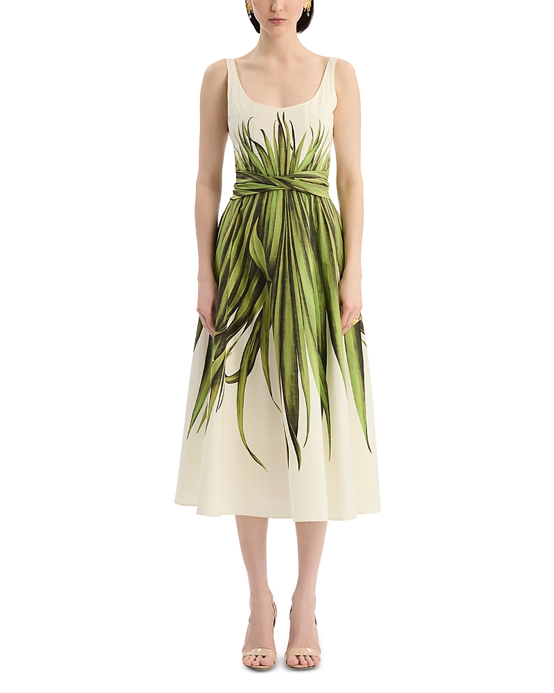 Oscar de la Renta Sleeveless Palm Leaves Poplin Day Dress