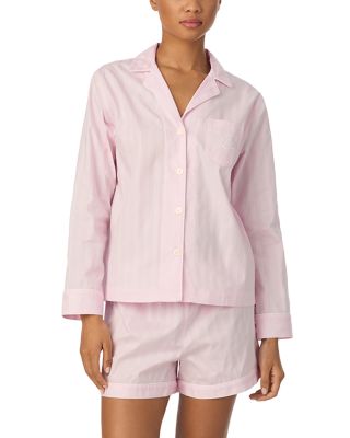 Long Sleeve Textured Woven Notch Collar Boxer Pajama Set