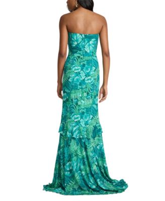  Cleta Foliage Print Cascading Ruffle Gown