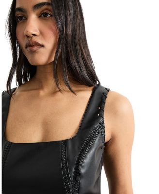 Faux Leather Whipstitch Trim Midi Dress