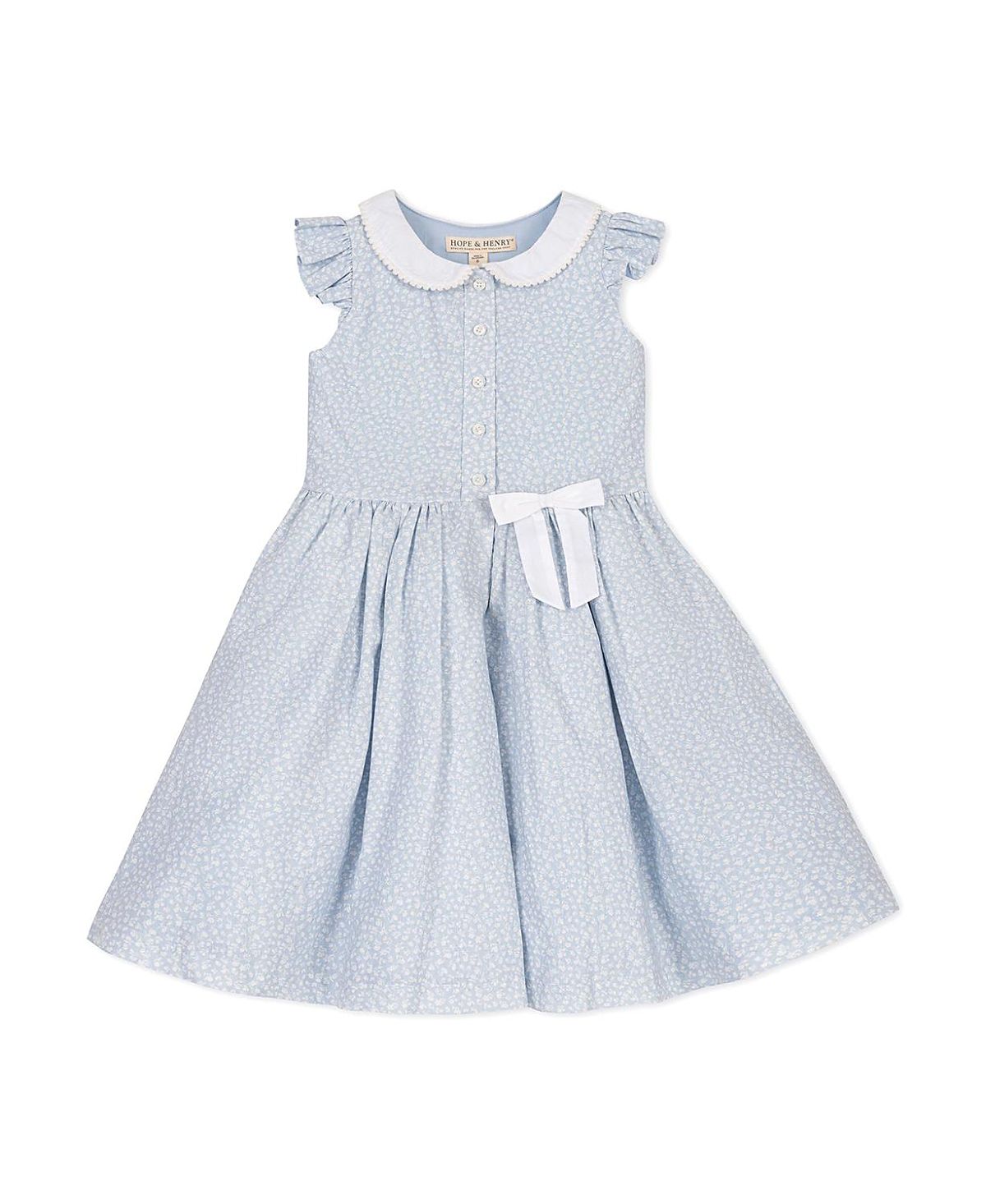 Hope & Henry Girls' Ruffle Sleeve Linen Dress with Peter Pan Collar - Little Kid, Big Kid