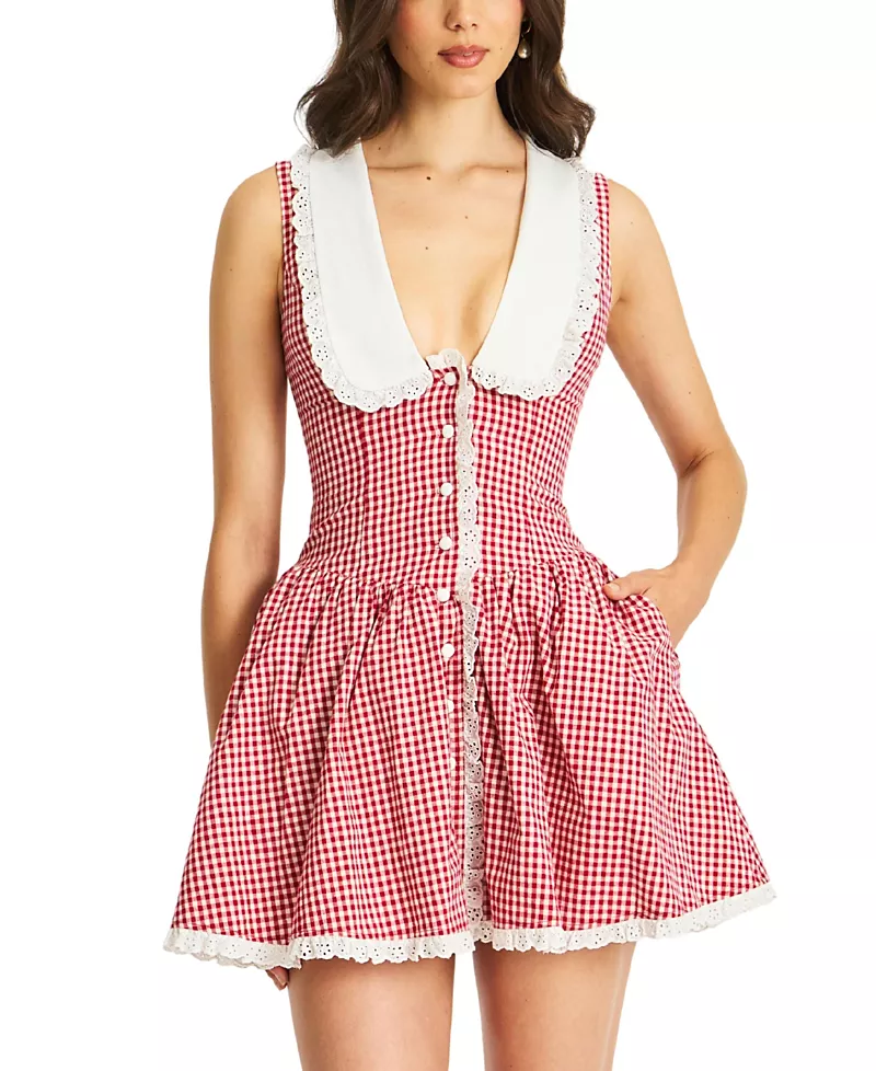 Miss Circle Nala Gingham Eyelet Lace Trim Peterpan Collar Mini Dress
