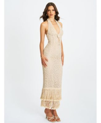  Faelyn Double Fringe Crochet Halter Maxi Dress