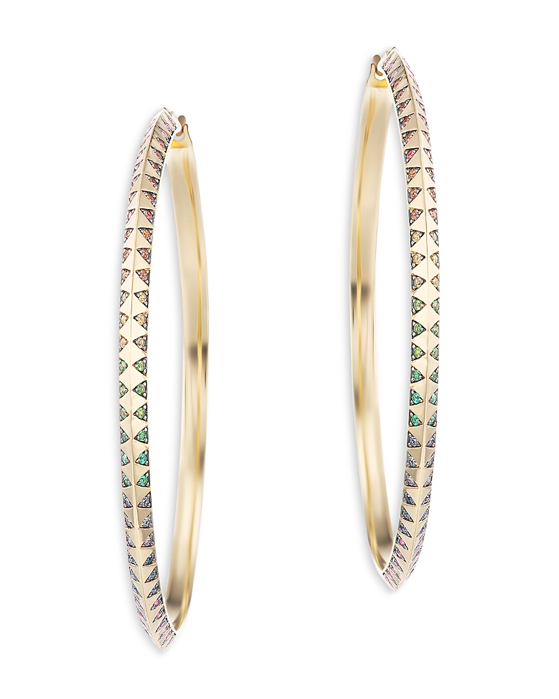Harwell Godfrey 18K Yellow Gold Knife Edge Multi Gemstone Rainbow Talisman Large Hoop Earrings