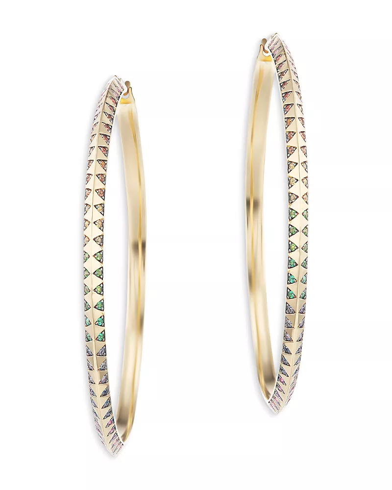 Harwell Godfrey 18K Yellow Gold Knife Edge Multi Gemstone Rainbow Talisman Large Hoop Earrings