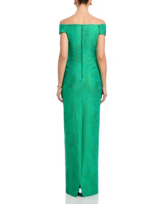 Shimmer Jacquard Off Shoulder Ruched Gown