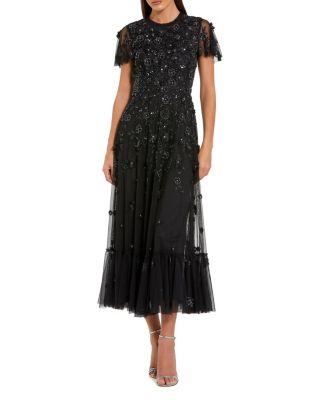  Petite Embellished High Neck Flutter Sleeve A Line Dress