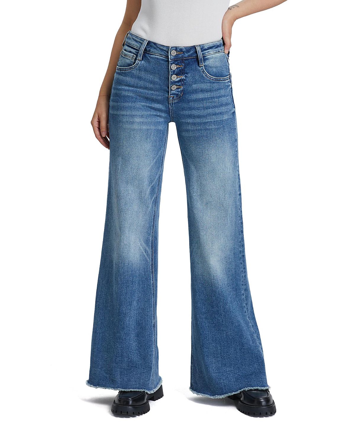 Bayeas Mid Rise Women's Wide Leg Denim Jeans Button Fly with Frayed Hem