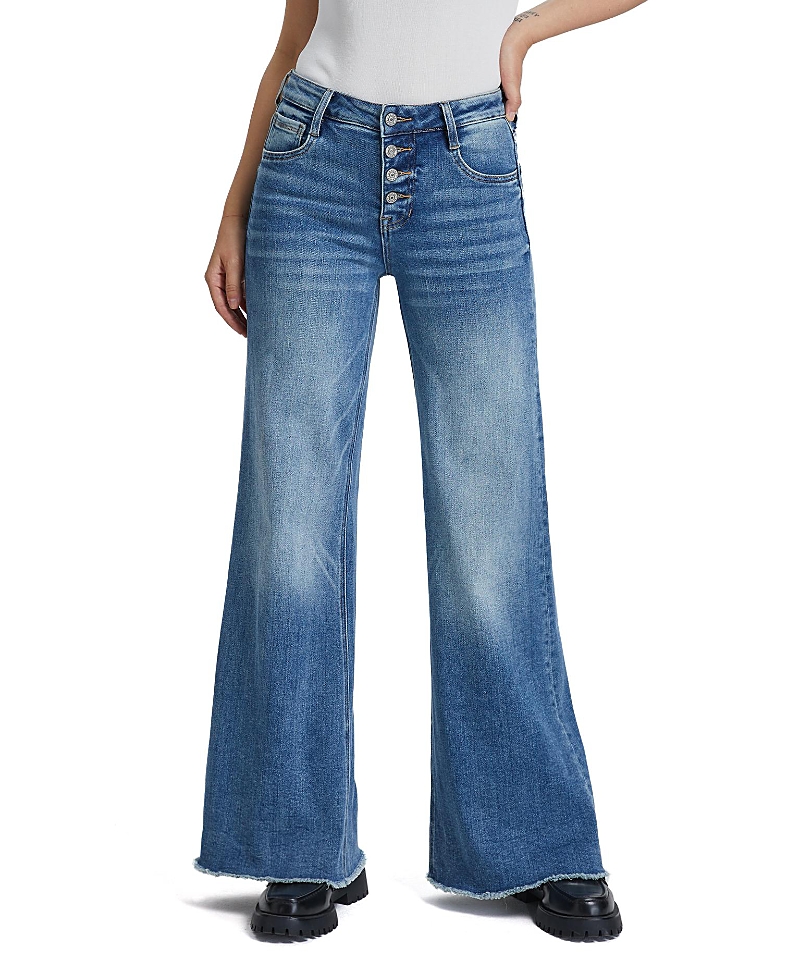 Bayeas Mid Rise Women's Wide Leg Denim Jeans Button Fly with Frayed Hem in Bluelotus Wash