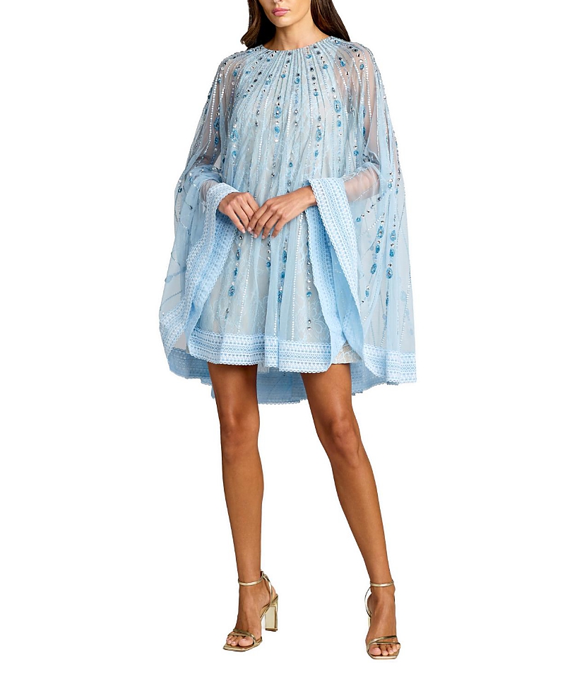 Mac Duggal Hand-Beaded Lace Trapeze Mini Dress with Sheer Cape Sleeves