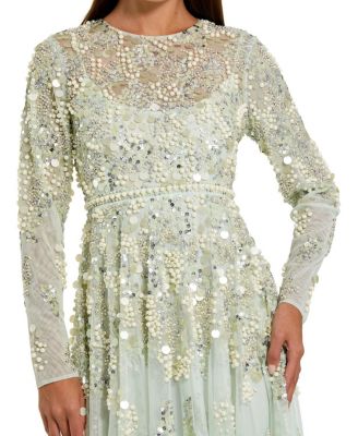  Long Sleeve Sequin and Pearl Embellished Gown