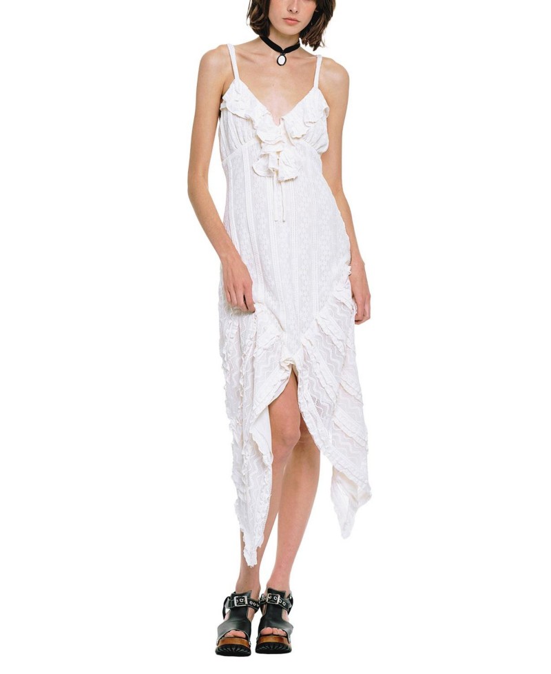 Anna Sui Floral Ruffle Stretch Lace Handkerchief Dress in Cream
