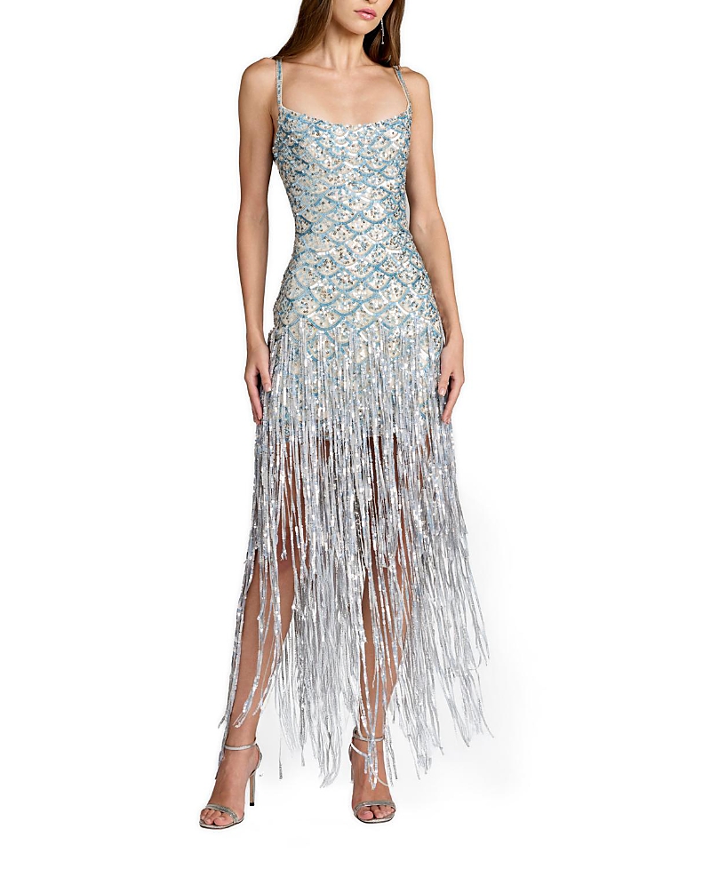 Mac Duggal Spaghetti Strap Sequin Fringe Mesh Gown