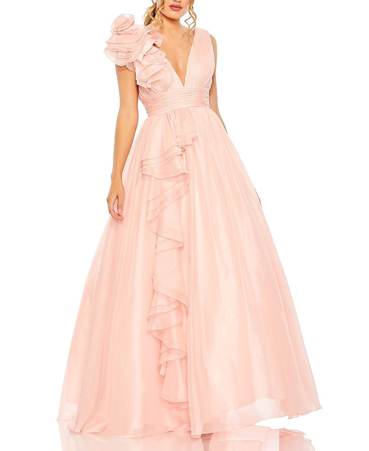 Mac Duggal Ruffle Shoulder V-Neck Chiffon Gown