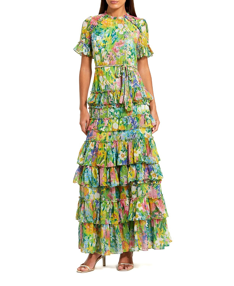 Mac Duggal Petite Green Ruffle Tiered Chiffon Floral Dress