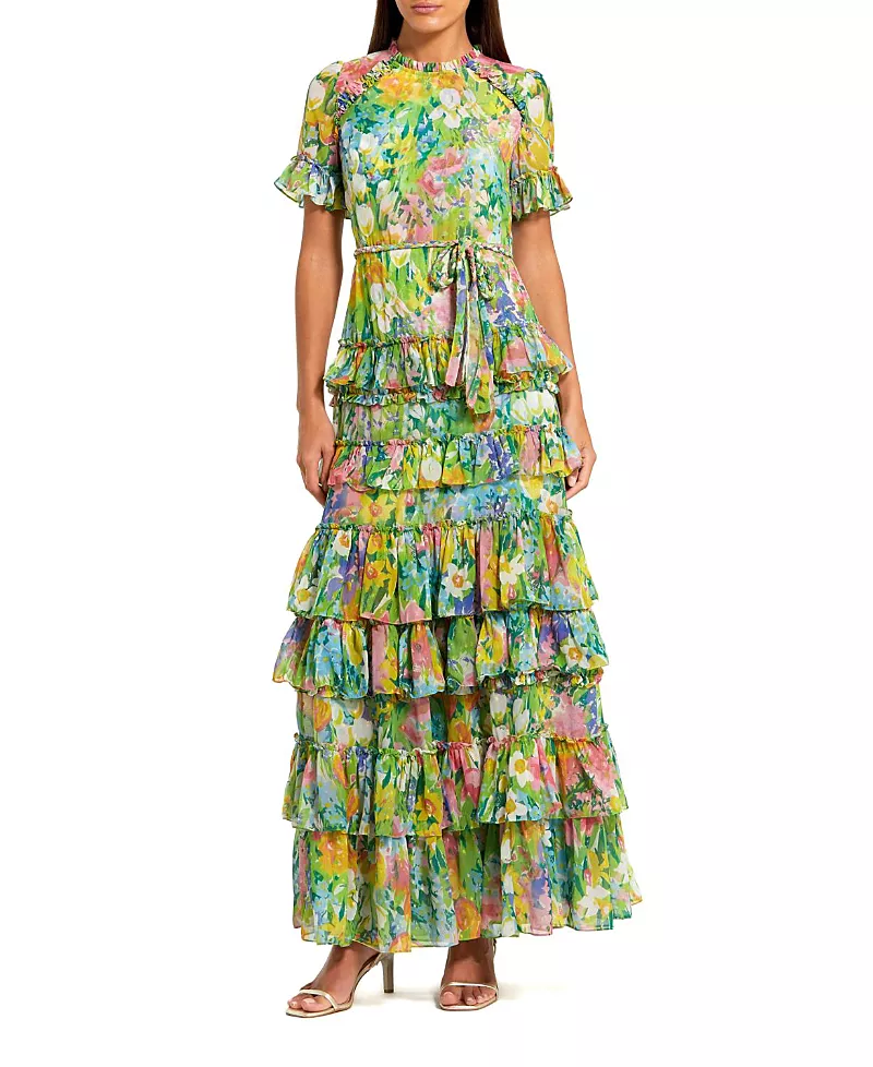 Mac Duggal Petite Green Ruffle Tiered Chiffon Floral Dress