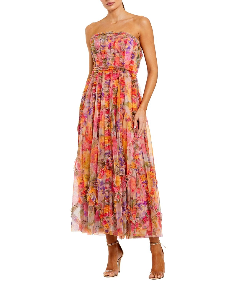 Mac Duggal Mesh Micro Ruffle Strapless Gown