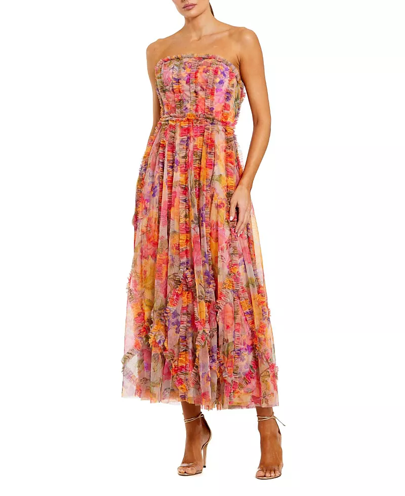 Mac Duggal Mesh Micro Ruffle Strapless Gown