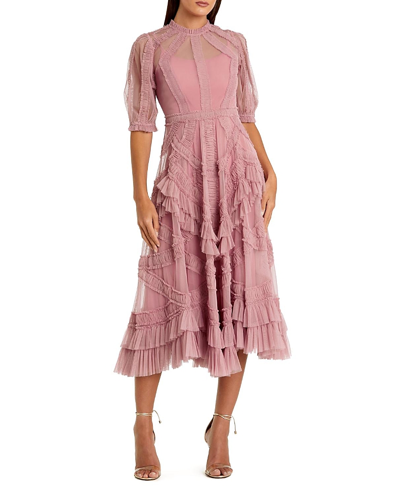 Mac Duggal Petite High Illusion Neck Ruffle Tiered A-Line Midi Dress