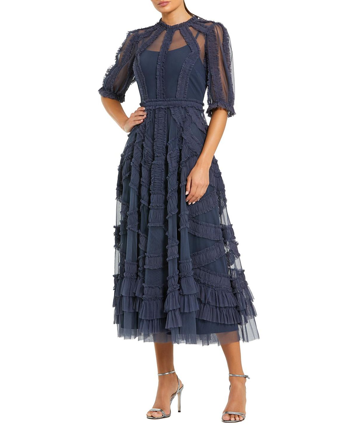 Mac Duggal Petite High Illusion Neck Ruffle Tiered A-Line Midi Dress