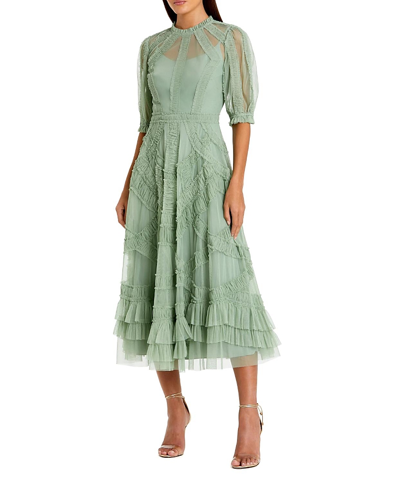 Mac Duggal Petite High Illusion Neck Ruffle Tiered A-Line Midi Dress