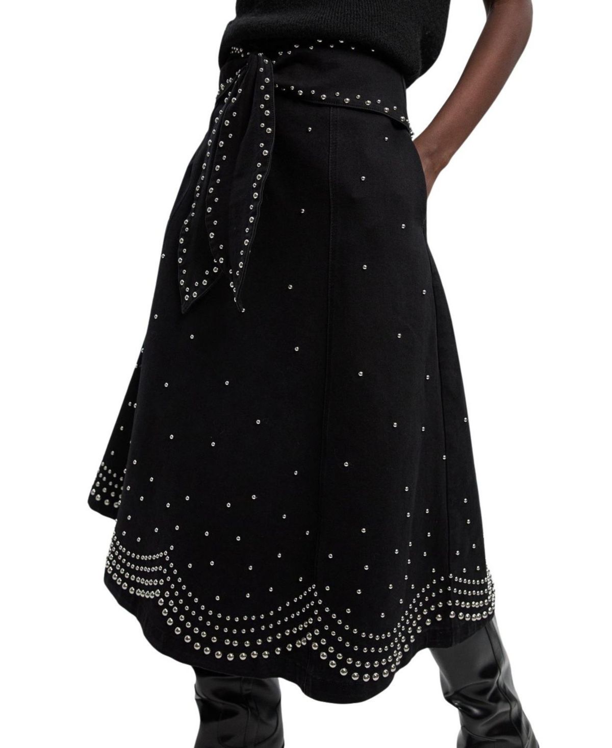 Studded Tie Belt Midi Skirt - angle 1