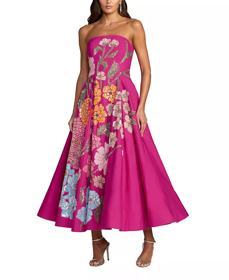 Mac Duggal Strapless Floral Embellished Midi Dress