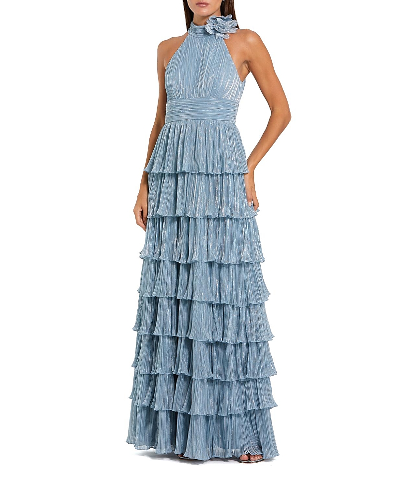 Mac Duggal Pleated Metallic Tiered Gown with 3D Flower