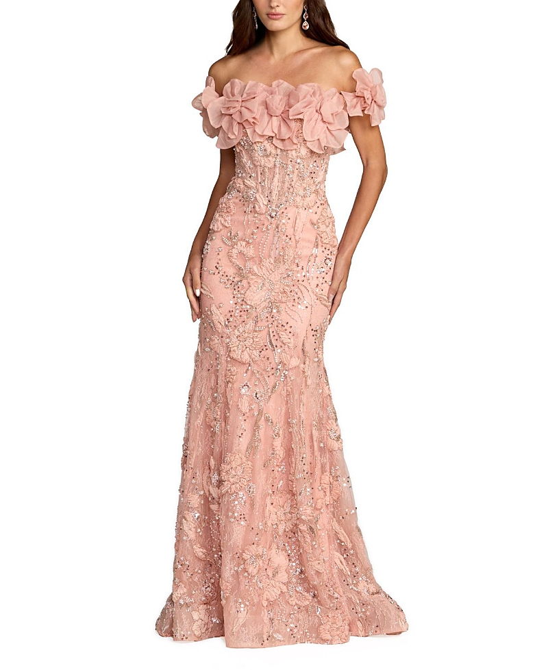 Mac Duggal 3D Floral Embellished Off The Shoulder Mermaid Gown