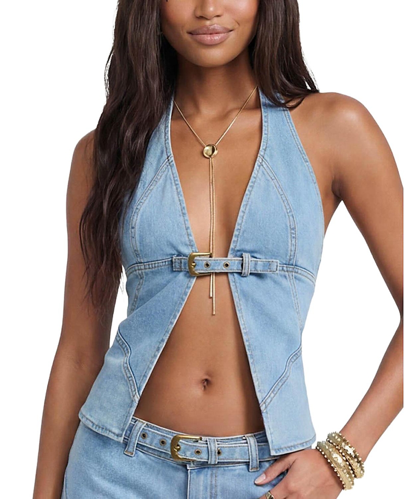 Edikted Ciel Split Front Denim Halter Top