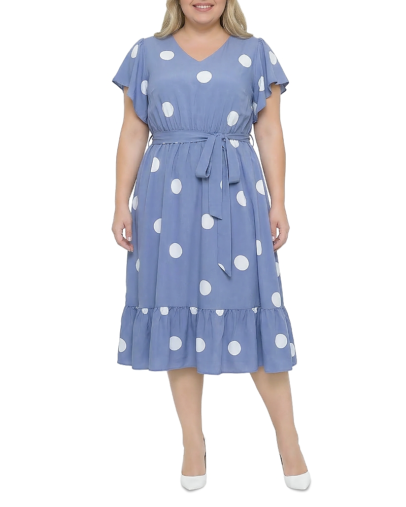 standards & practices Plus Polka Dot Belted Flutter Sleeve Ruffle Hem Dress