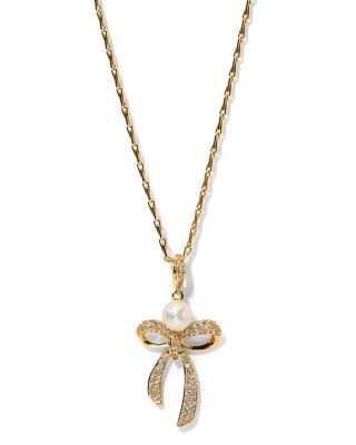 Eros Pav&eacute; & Imitation Pearl Bow Pendant Necklace, 16-18" 