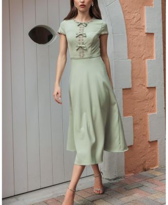  Crepe Midi Dress with Rhinestone Beading