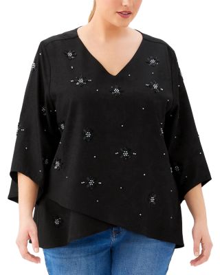 Plus Size Bracelet Sleeve Embellished Asymmetric Top
