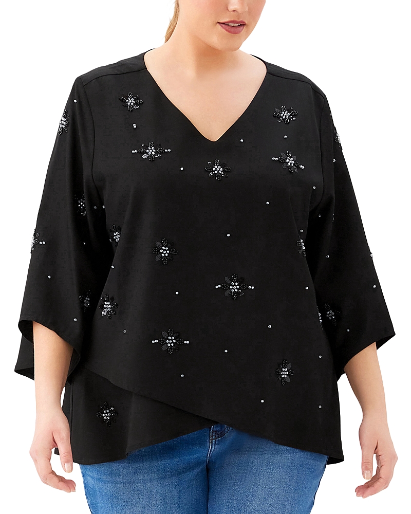 Karen Kane Plus Size Bracelet Sleeve Embellished Asymmetric Top